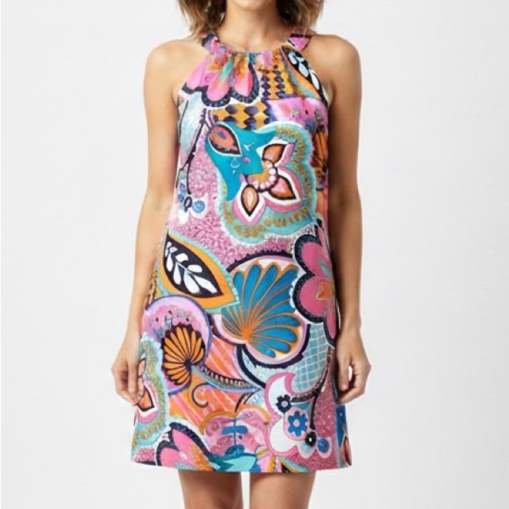 Skirtin Around Silk Scarf Floral Pattern Pink/Multi Sleeveless Halter Dress 10